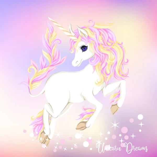 Unicorno bianco con criniera multicolore e stelle brillanti — Vettoriale Stock