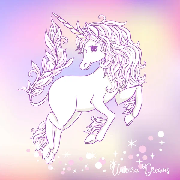Unicorn putih dengan surai multi warna dan bintang bersinar - Stok Vektor