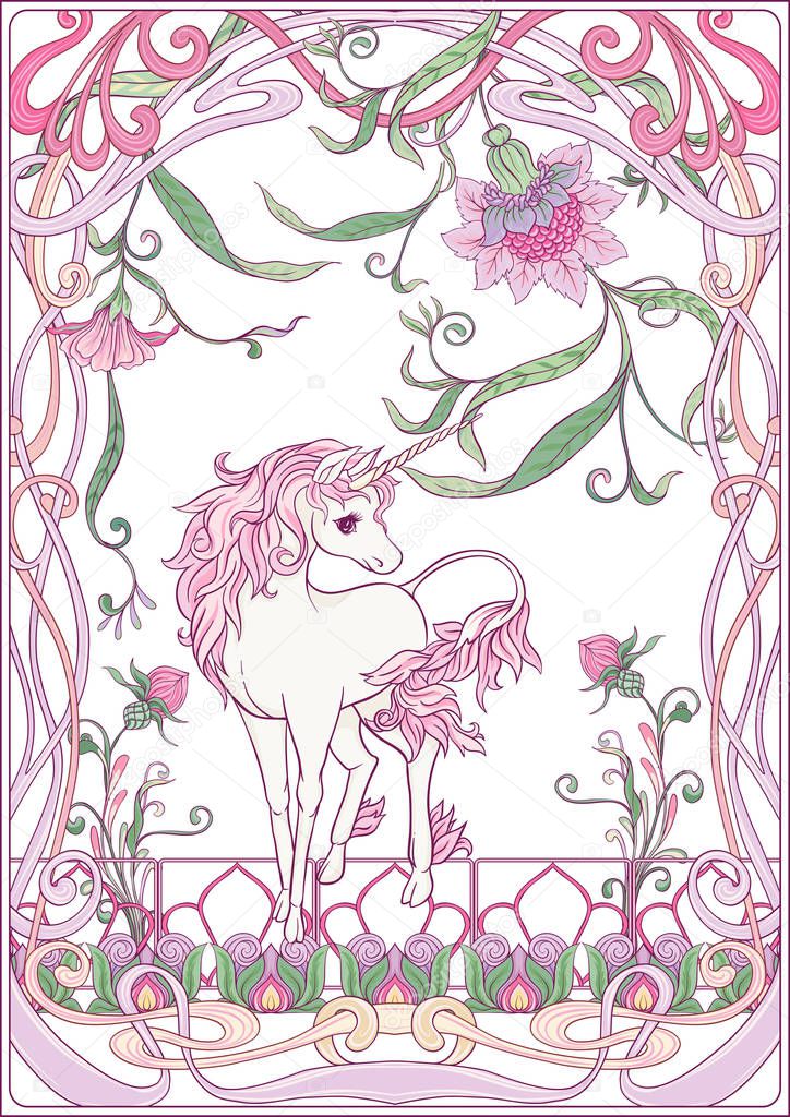 Unicorn and fantastic vintage flowers. Vector illustration. 
