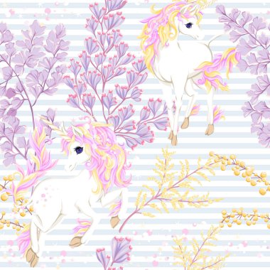 Seamless modeli, tek boynuzlu at ve vintage çiçekler ile arka plan. Vektör çizim.