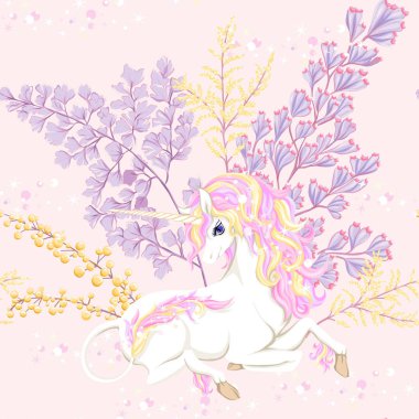 Seamless modeli, tek boynuzlu at ve vintage çiçekler ile arka plan. Vektör çizim.