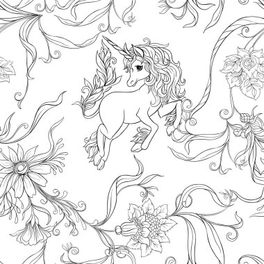 Seamless modeli, tek boynuzlu at ve vintage çiçekler ile arka plan. Vektör çizim.