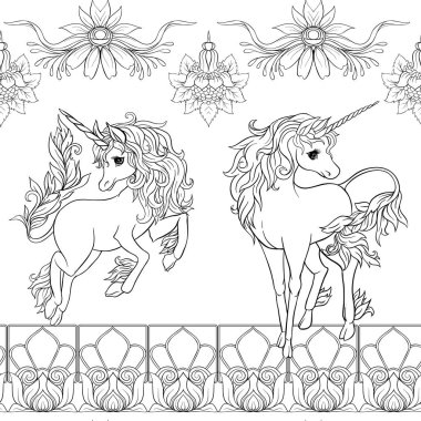 Seamless modeli, tek boynuzlu at ve vintage çiçekler ile arka plan. Vektör çizim.