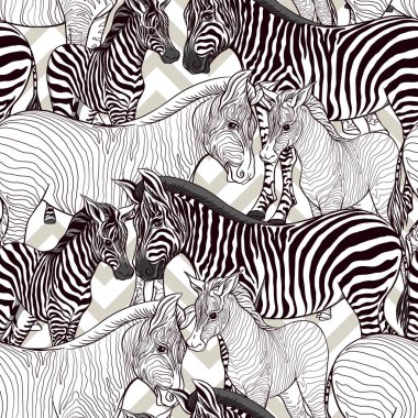 Dikişsiz desen, Yetişkin zebra ve zebra yavrusu arka plan. Vektör çizim.  