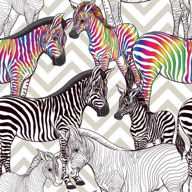 Dikişsiz desen, Yetişkin zebra ve zebra yavrusu arka plan. Vektör çizim.  