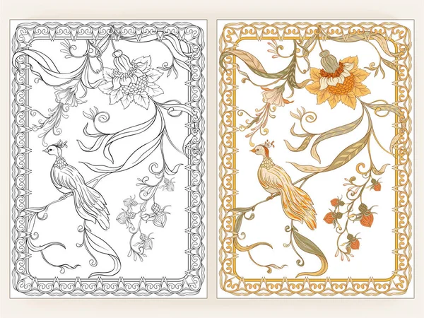 Cartaz, fundo com flores decorativas e pássaro em estilo art nouveau —  Vetores de Stock