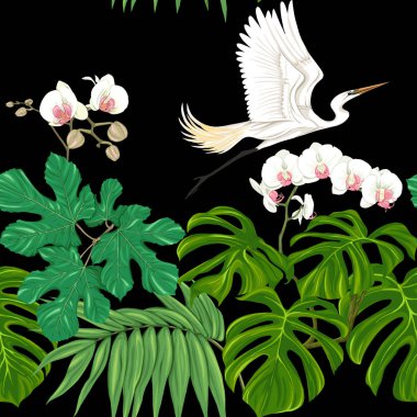 Dikişsiz desen, arka plan. tropik bitkiler ve çiçekler beyaz orkide çiçek ve tropikal kuşlar. 