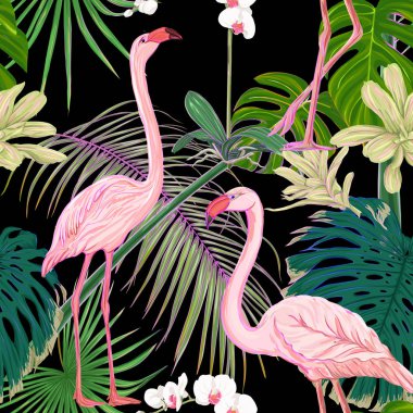 Dikişsiz desen, arka plan. tropik bitkiler ve çiçekler beyaz orkide çiçek ve tropikal kuşlar. 