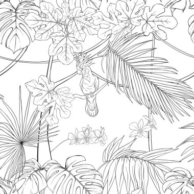 Dikişsiz desen, arka plan. tropik bitkiler ve çiçekler beyaz orkide çiçek ve tropikal kuşlar.