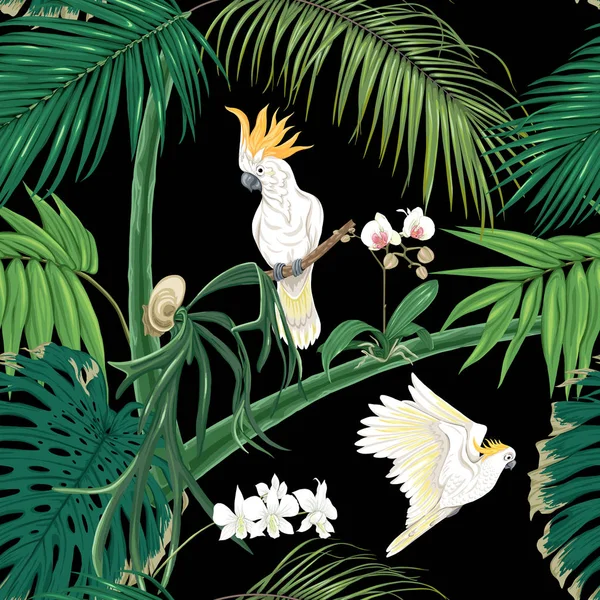 Wzór, tło. z tropikalną roślinnością i kwiatami z białego kwiecia orchidei i tropikalnych ptaków. — Wektor stockowy