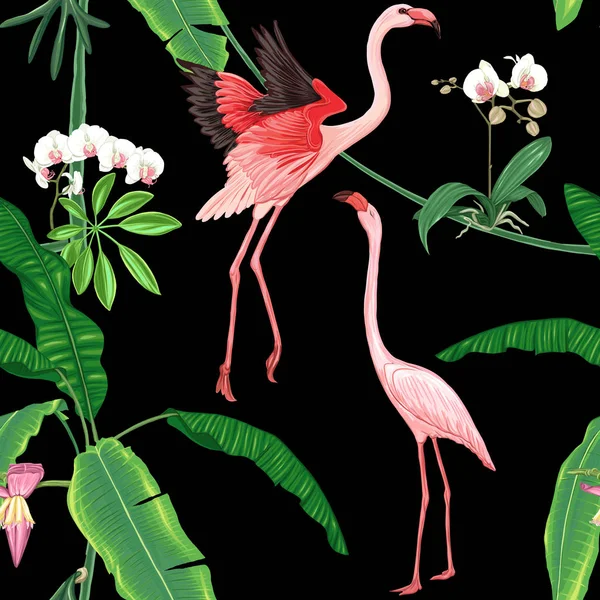 シームレスなパターン、背景。熱帯植物と花白蘭の花と熱帯の鳥. — ストックベクタ