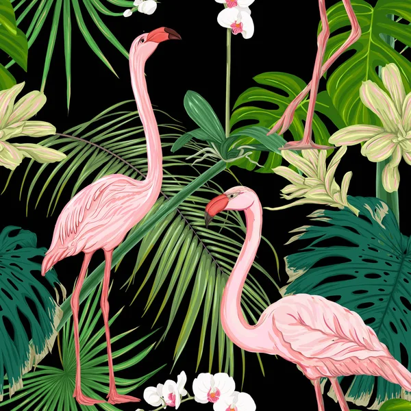 Seamless pattern, background. with tropical plants and flowers with white orchid flowers and tropical birds.