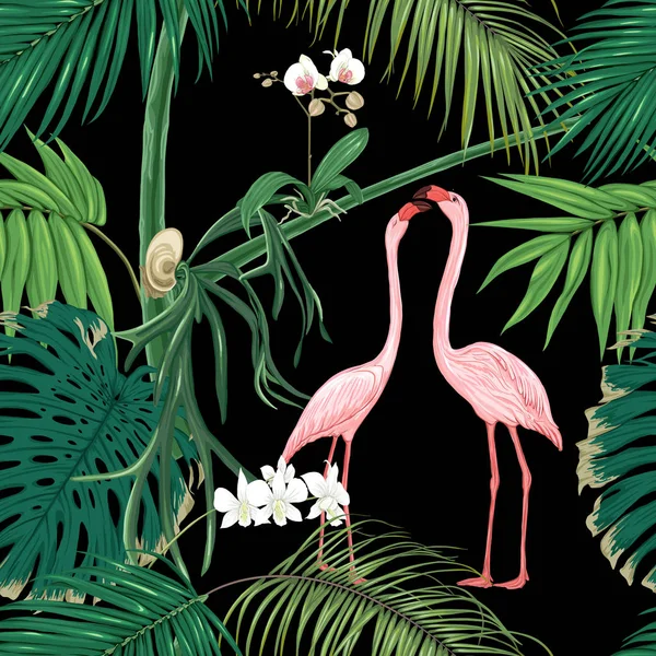 Seamless mönster, bakgrund. med tropiska växter och blommor med vit orkidé blommor och tropiska fåglar. — Stock vektor