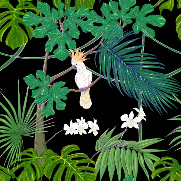 Modello senza cuciture, sfondo. con piante tropicali e fiori con orchidee bianche e uccelli tropicali . — Vettoriale Stock