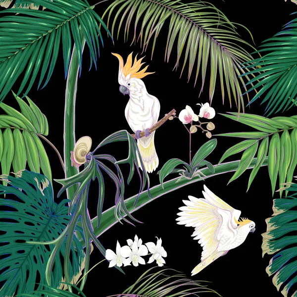 Χωρίς ραφή πρότυπο, φόντο. με τροπικά φυτά και λουλούδια με λευκά λουλούδια ορχιδέας και τροπικά πουλιά. — Διανυσματικό Αρχείο