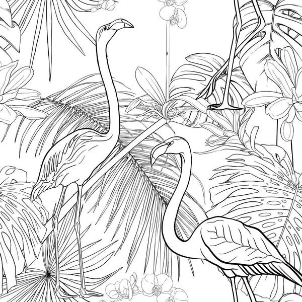 シームレスなパターン、背景。熱帯植物と花白蘭の花と熱帯の鳥. — ストックベクタ