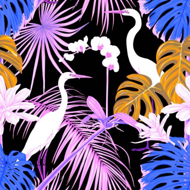 Dikişsiz desen, arka plan. tropik bitkiler ve çiçekler beyaz orkide çiçek ve tropikal kuşlar.