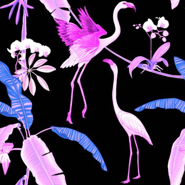 Dikişsiz desen, arka plan. tropik bitkiler ve çiçekler beyaz orkide çiçek ve tropikal kuşlar.