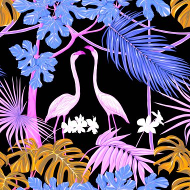 Dikişsiz desen, arka plan. tropik bitkiler ve çiçekler beyaz orkide çiçek ve tropikal kuşlar.