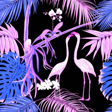 Dikişsiz desen, arka plan. tropik bitkiler ve çiçekler beyaz orkide çiçek ve tropikal kuşlar.