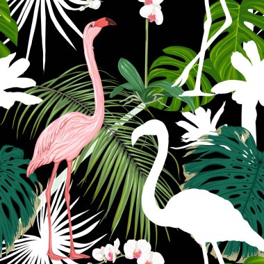 Dikişsiz desen, arka plan. tropik bitkiler ve çiçekler beyaz orkide çiçek ve tropikal kuşlar.