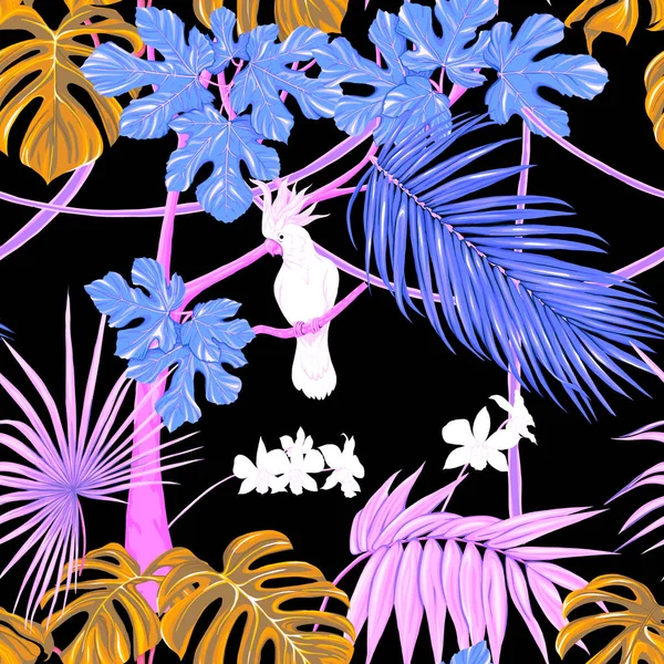 Patrón sin costuras, fondo. con plantas tropicales y flores con flores de orquídea blanca y aves tropicales . — Vector de stock