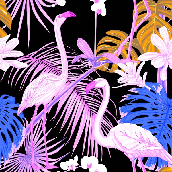 Modèle sans couture, fond. avec des plantes tropicales et des fleurs avec des fleurs d'orchidées blanches et des oiseaux tropicaux . — Image vectorielle