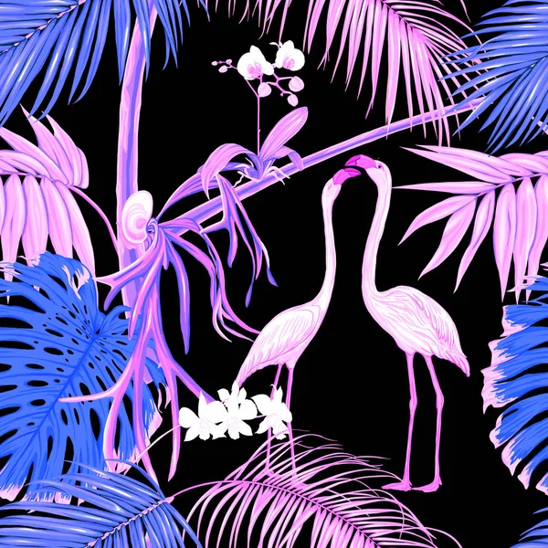Nahtloses Muster, Hintergrund. mit tropischen Pflanzen und Blumen mit weißen Orchideenblüten und tropischen Vögeln. — Stockvektor