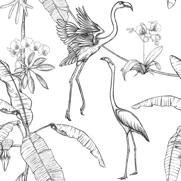 Seamless mönster, bakgrund. med tropiska växter och blommor med vit orkidé blommor och tropiska fåglar. — Stock vektor