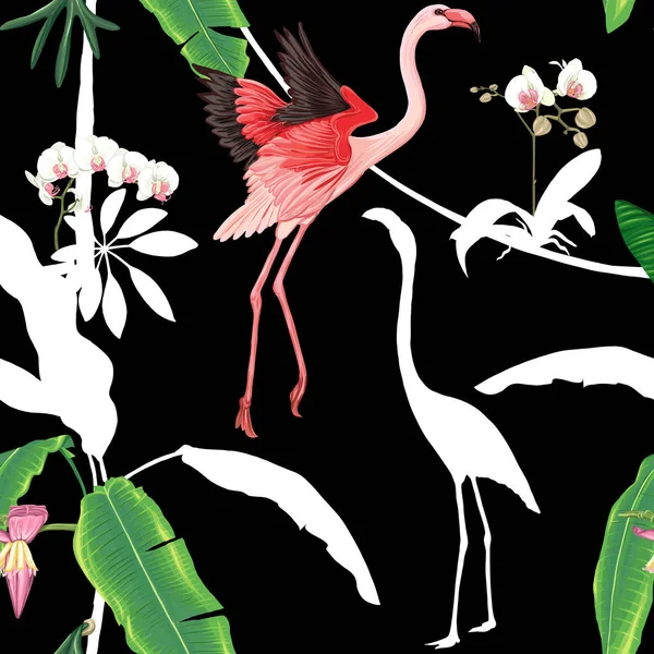 Безшовний візерунок, фон. з тропічними рослинами і квітами з білими квітами орхідей і тропічними птахами . — стоковий вектор