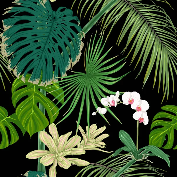 Plantes tropicales et fleurs. Modèle sans couture, fond. Illustration vectorielle. Isolé sur fond noir . — Image vectorielle