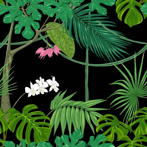 熱帯植物と花です。シームレスなパターン、背景。ベクトルの図。黒の背景に分離. — ストックベクタ