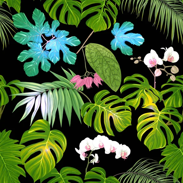 Τροπικά φυτά και λουλούδια. Χωρίς ραφή πρότυπο, φόντο. Εικονογράφηση διάνυσμα. — Διανυσματικό Αρχείο