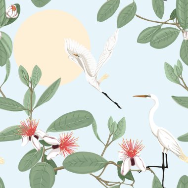 Dikişsiz desen, feijoa çiçek açan çiçekler ve balıkçıllar çiçek desenli arka plan. 