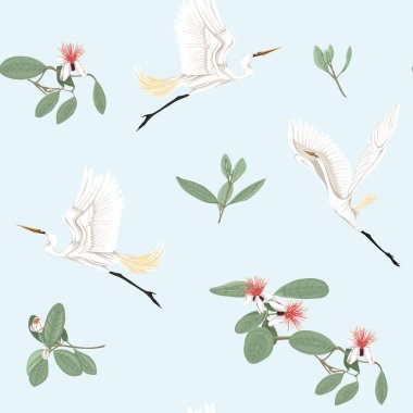 Dikişsiz desen, feijoa çiçek açan çiçekler ve balıkçıllar çiçek desenli arka plan. 