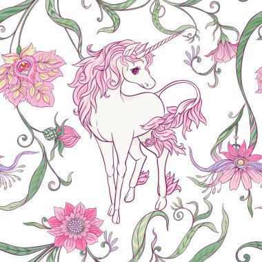 Seamless modeli, tek boynuzlu at ve vintage çiçekler ile arka plan. Vektör çizim.