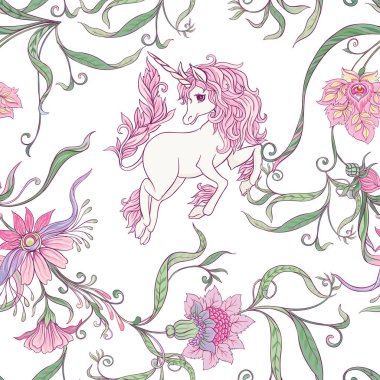 Seamless modeli, tek boynuzlu at ve vintage çiçekler ile arka plan. Vektör çizim.