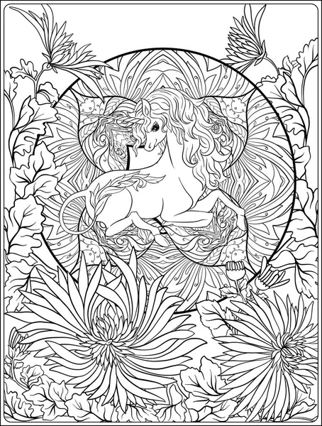 Unicorn and fantastic vintage flowers. Vector illustration. — Stock Vector