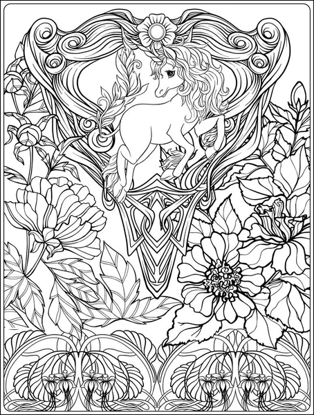 Unicorn och fantastisk vintage blommor. Vektorillustration. — Stock vektor