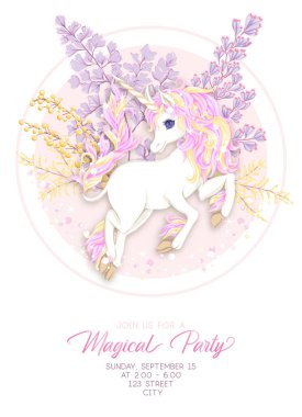 Davetiye, tebrik kartı afiş ile şirin, kawaii tek boynuzlu at için şablon 