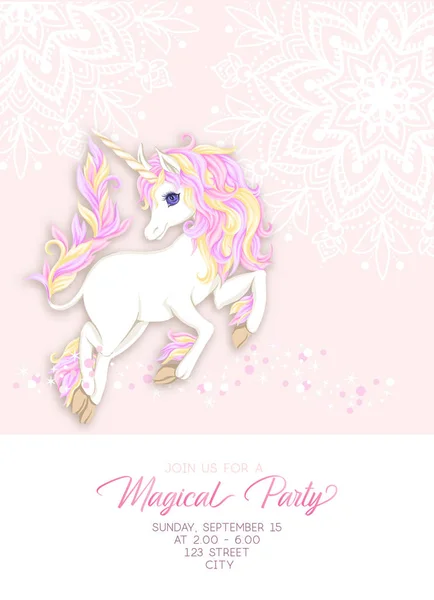 Sjabloon voor uitnodiging, wenskaart banner met schattige, kawaii unicorn — Stockvector
