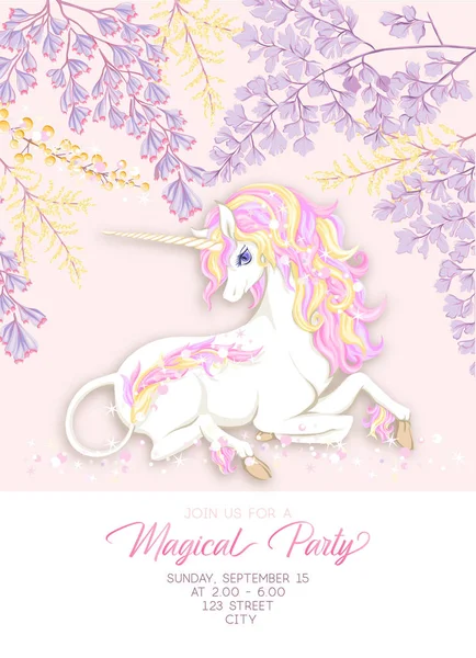 Sjabloon voor uitnodiging, wenskaart banner met schattige, kawaii unicorn — Stockvector