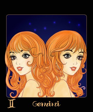 İkizler burcu. Zodyak işaretleri şeklinde güzel bir genç kız.