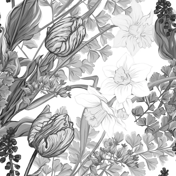Φλοράλ άνευ ραφής, φόντο με ανοιξιάτικα λουλούδια. — Διανυσματικό Αρχείο