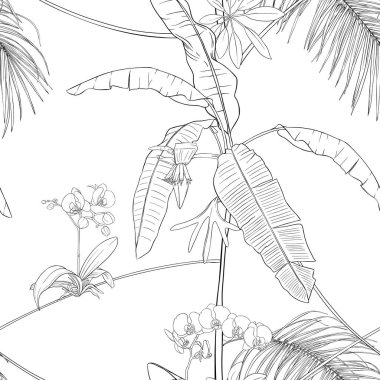 Tropik bitkiler ve çiçekler. Dikişsiz desen, arka plan. Vektör çizim.