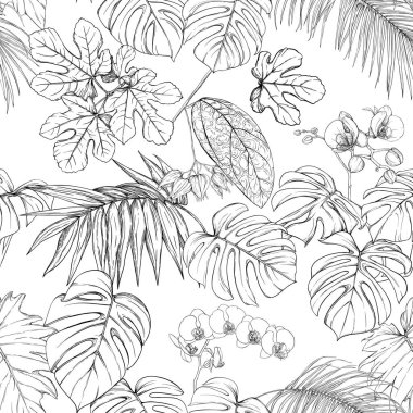 Tropik bitkiler ve çiçekler. Dikişsiz desen, arka plan. Vektör çizim.