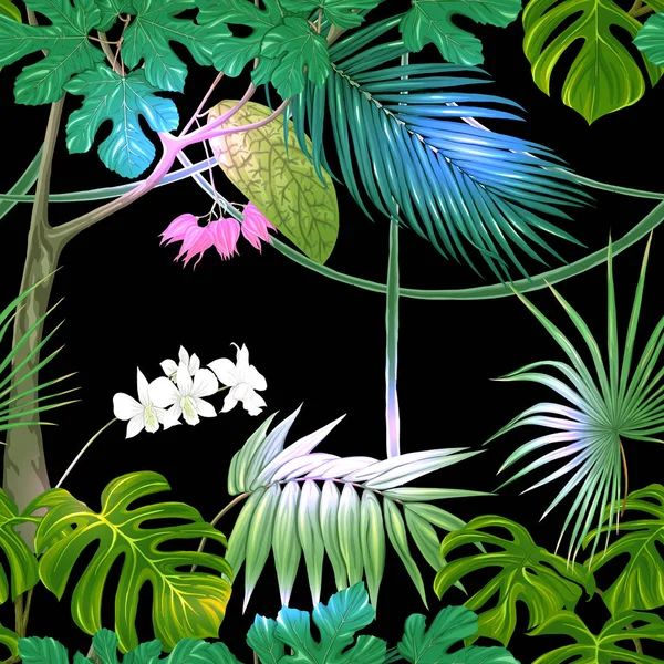 Tropikalną roślinnością i kwiatami. Wzór, tło. Ilustracja wektorowa. — Wektor stockowy