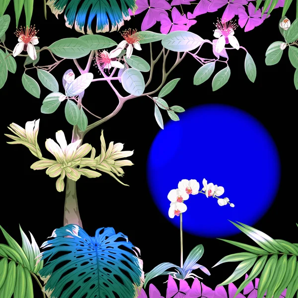 Plantas tropicales y flores. Patrón sin costuras, fondo. Ilustración vectorial . — Vector de stock