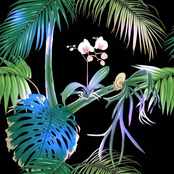 Tropické rostliny a květiny. Vzor bezešvé pozadí. Vektorové ilustrace. — Stockový vektor
