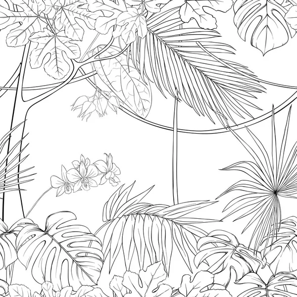 Tumbuhan tropis dan bunga. Pola mulus, latar belakang. Ilustrasi vektor . - Stok Vektor